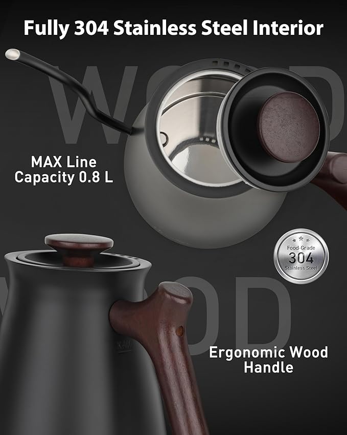 Harriet Gooseneck Electric Kettle - 1200W Fast Heat, 0.8L Stainless Steel, Precision Temp Control & Timer, Wood Handle, Pour Over Coffee and Tea, Black