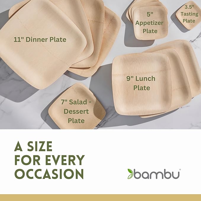 Bambu Pack of 25 - 7 Inch Disposable Bamboo Plates Square, Biodegradable Eco Friendly Products, Bamboo Disposable Plates for Events, Compostable Plate