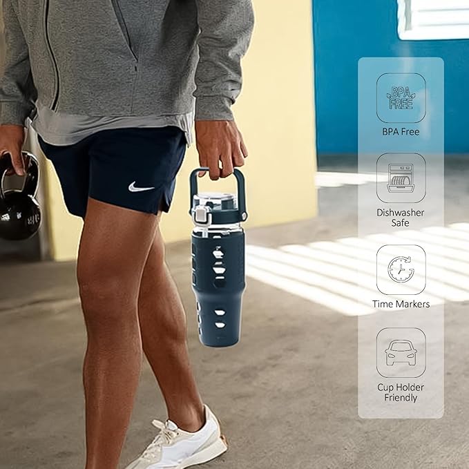 MUKOKO 32 oz Glass Tumbler with Straw,Glass Water Bottles with Time Marker,Iced Coffee Cup with Silicone Sleeve,Motivational Drinking Bottles,Leakproof-Blue