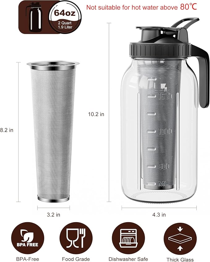 Cold Brew Coffee Maker 64oz, Iced Coffee Maker with 304 Stainless Steel Filter, Mason Jar Pitcher with Lid and Spout (Black)