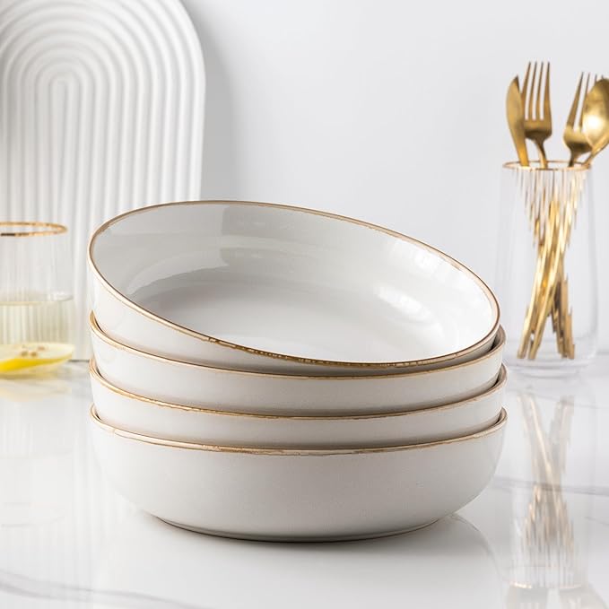 GBHOME 9'' Large Ceramic Pasta Bowls, 38oz Stoneware Pasta Serving Bowls Set of 4 for Kitchen, Wide Bowls for Fruit,Pasta,Salad,Oatmeal,Meal, Microwave Safe, Reactive Glaze-Pear White