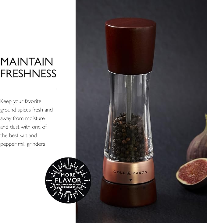 Cole & Mason Derwent Pepper Mill - Gourmet Precision Pepper Grinder - Refillable Seasoning and Spice Tools - Adjustable Black Peppercorn Grinder Settings - Rose Gold