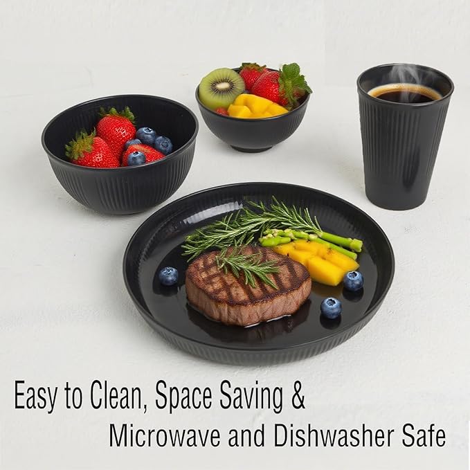 36 pcs Wheat Straw Dinnerware Sets, DAPIPIK Unbreakable Reusable Dinnerware Set, Kitchen Cups Plates and Bowls Sets Dishwasher Microwave Safe Plates (Black)