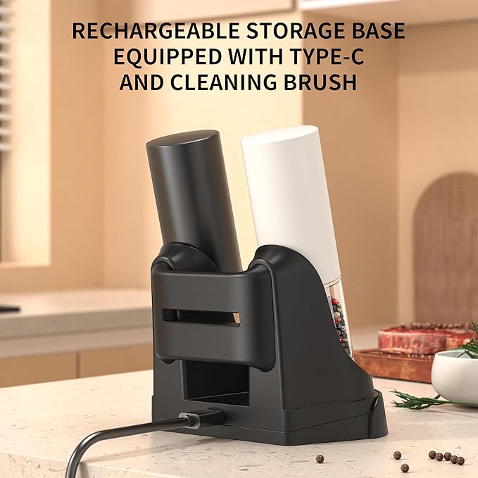 Electric Salt and Pepper Grinder Set – Automatic One-Handed Operation, Rechargeable ABS Mills, LED Light, 5-Level Adjustable Coarseness, Large 95ml Capacity and Charging Base