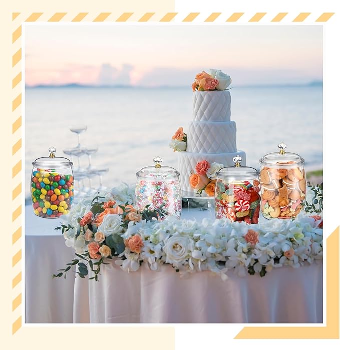 Nuogo 4 Pcs Plastic Candy and Cookie Jars with Lids Clear Cookie Container Candy Jars Large Airtight Apothecary Storage Organization for Wedding Home Kitchen Bar(128 oz)
