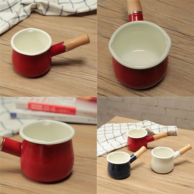 Mini Enamel Milk Pot 4 Inch 17 Oz Dual spout with Wooden Handle, Small Sauce Pan Perfect Size for Heating Smaller Liquid Portions (Red)