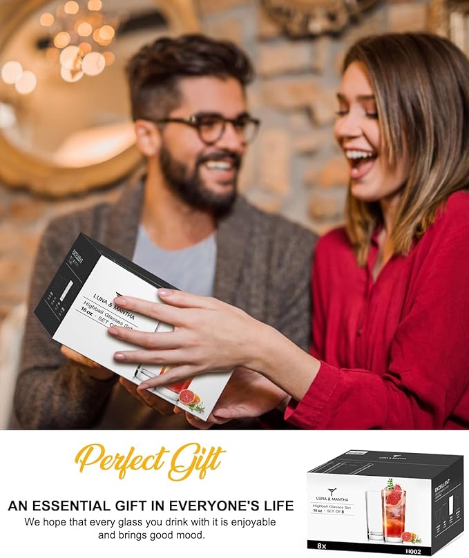 Drinking Glasses Set of 8, 16 oz Water Glasses, Wide Mouth Design Lead-Free Crystal Highball Glassware, Tall Glass Cups for Cocktail Parties, Family Dinners, and Tom Collins Bar Glassware