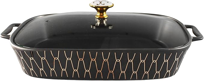 10" x 7" Ceramic Rectangular Casserole Dish with Glass Lid, 1.3 Quart Serving Soup Tureen,Chafing Dish for Buffet, Family Food preserve Tray, Catering for Party Style, Black