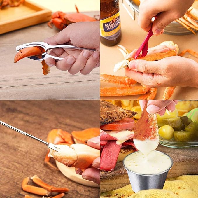 Artcome 32 Pcs Seafood Tools Set Nut Cracker Set includes 6 Crab Crackers, 6 Crab Forks/Picks, 6 Lobster Shellers, 6 Sauce Cups, 6 Lobster Bibs 1 Portable Storage Bag and 1 Plastic Tablecloth