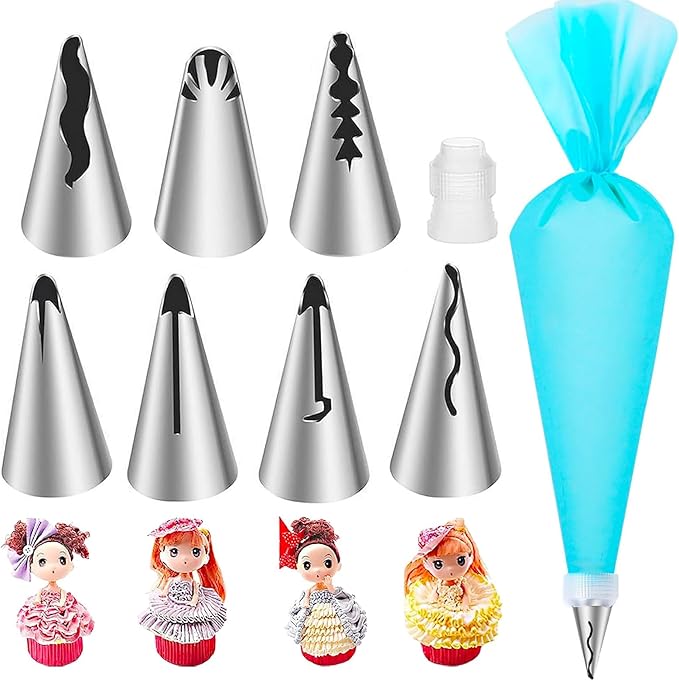 Suuker 9 Pieces Ruffle Piping Tips Set, Stainless Steel Vintage Cake Piping Tips Pleated Skirt Piping Nozzles Set, Cake Decorating Tips for Cake Cupcakes Cookies
