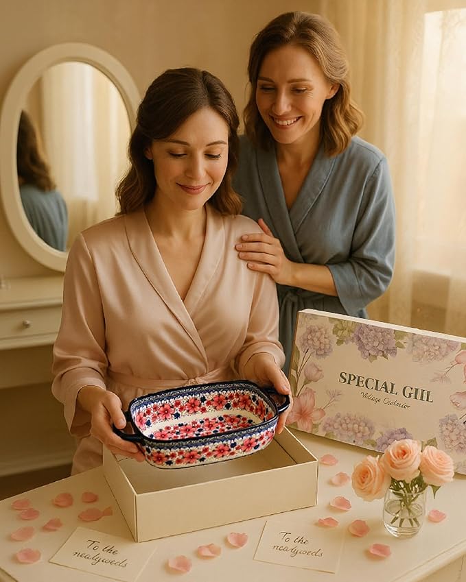 Ceramic Baking Dish Set of 2 – Decorative Polish Pottery Style Casserole Dishes with Handles, Cute Oven-Safe Lasagna Bakeware Gift Set
