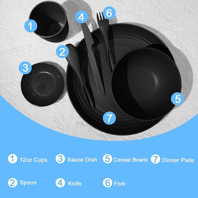 Wheat straw dinnerware set of 28 - Bowls and Plates Set for Dorm - Microwave and Dishwasher safe dish sets for kitchen,camping,indoors and out doors.Black