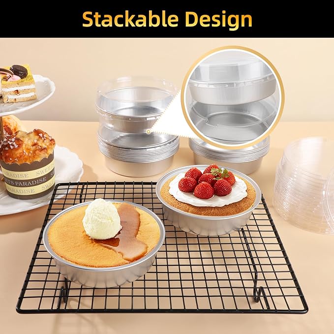 Beasea Mini Pie Tins with Lids, 20 Pack 4 Inch 8oz Disposable Creme Brulee Ramekins Silver Mini Small Aluminum Foil Pie Tart Cake Baking Pans Individual Round Containers Oven Safe for Baking