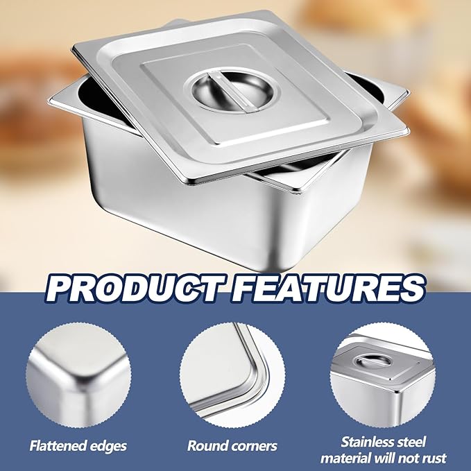 Mifoci 4 Pack Stainless Steam Hotel Pan with Lid, 1/2 Size x 6 Inch Deep, Reusable Anti Rust Steam Pan for Home, Party, Restaurant, Hotel, Buffet