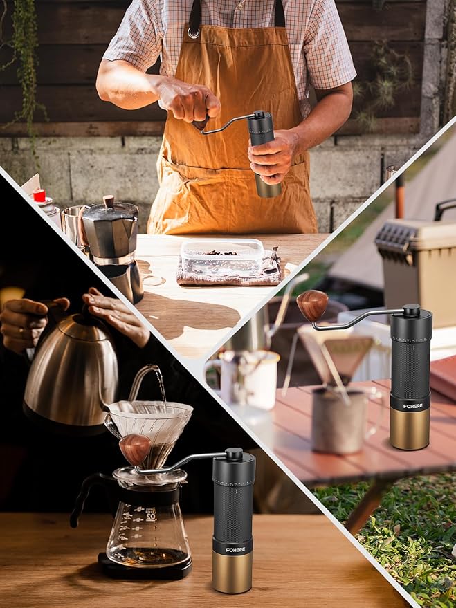 FOHERE Manual Coffee Grinder Capacity 30g with CNC Stainless Steel Conical Burr, Adjustable Coarseness for Espresso, Drip Coffee, and French Press, Portable Hand Grinder