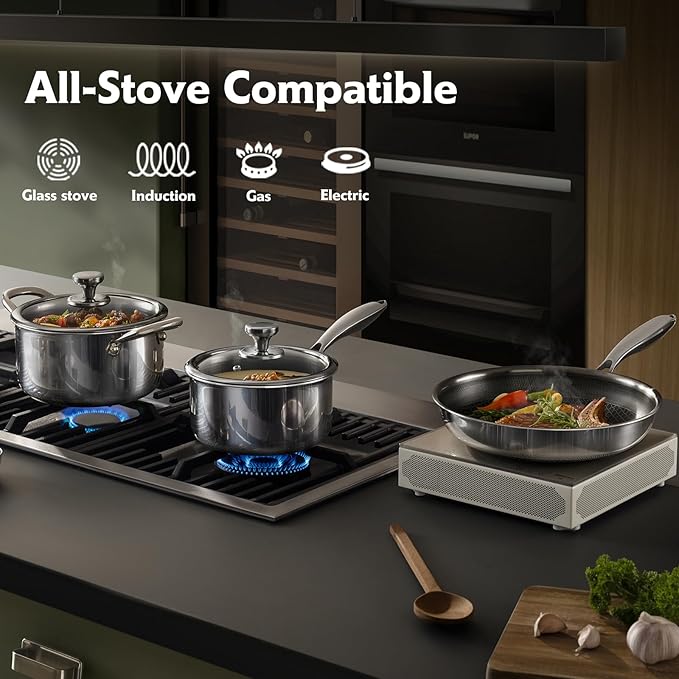 10 Pcs Non Stick Pots and Pans Set with Lids, Hybrid Stainless Steel Cookware Set, Skillet,Stock Pot,Frying Pan,Kitchen Cooking Utensils,Non Toxic,Induction,Dishwasher Safe