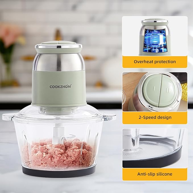 Green Food Processor,500W Electric Meat Grinder with 8 Cup Glass Bowl and 4 Sharp Blades, Food Chopper & Vegetable Chopper for home use,Meat Processor, Vegetables, Fruits and Nuts