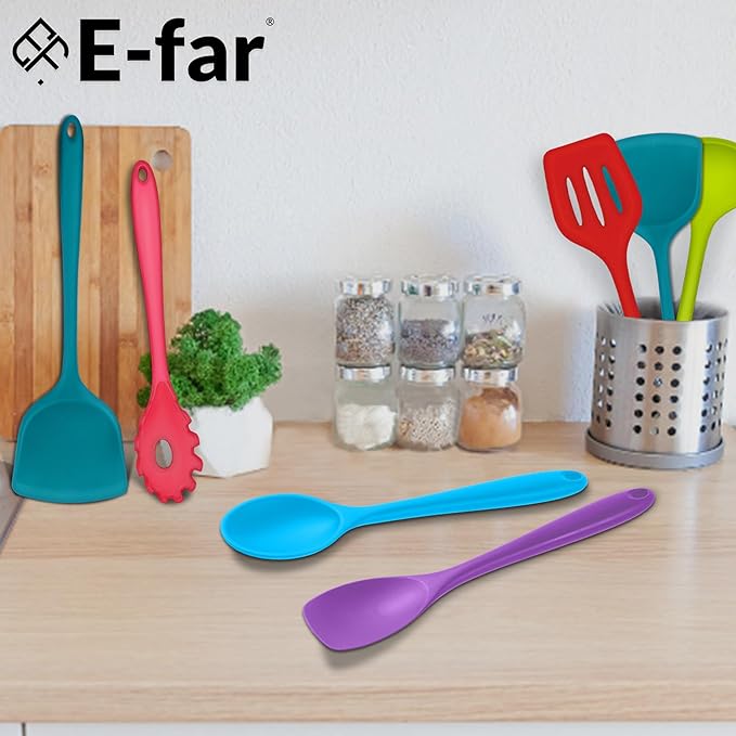 E-far 10 Pcs Silicone Cooking Utensils Set, Heat Resistant Kitchen Utensil Set for Nonstick Cookware, Kitchen Cooking Tools with Spatula, Spoon, Slotted Turner, Non-Toxic & Dishwasher Safe (Colorful)