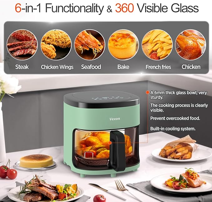 6-IN-1 Glass Air Fryer,4.5QT Air Fryer with Viewing Glass Pot, Air Fry, Dehydrate, Air Crisp Technology,Nonstick & Dishwasher Safe Basket,97% Less Oil,Features Digital Timer (Green)