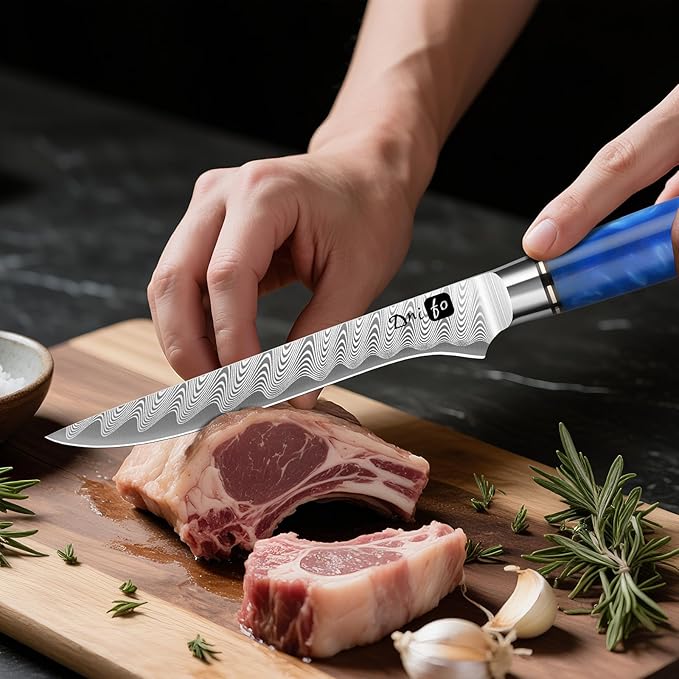 Fillet Knife 6 Inch Damascus Boning Knife for Meat Fish and Poultry Cutting with Super Sharp Japanese Blade with Gift Box and Resin Wood Handle, Ideal Gift for Men and Women