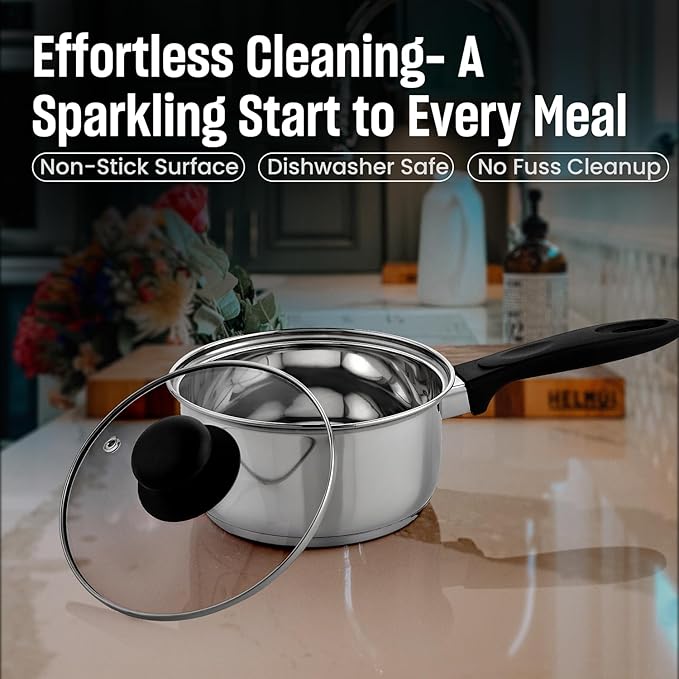 MARBELLA 1 Quart Stainless Steel Saucepan with Glass Lid & Bakelite Handle – Food Grade, Nickel Free, Heavy Duty Multipurpose Pot for Gas & Dishwasher Safe (Silver)