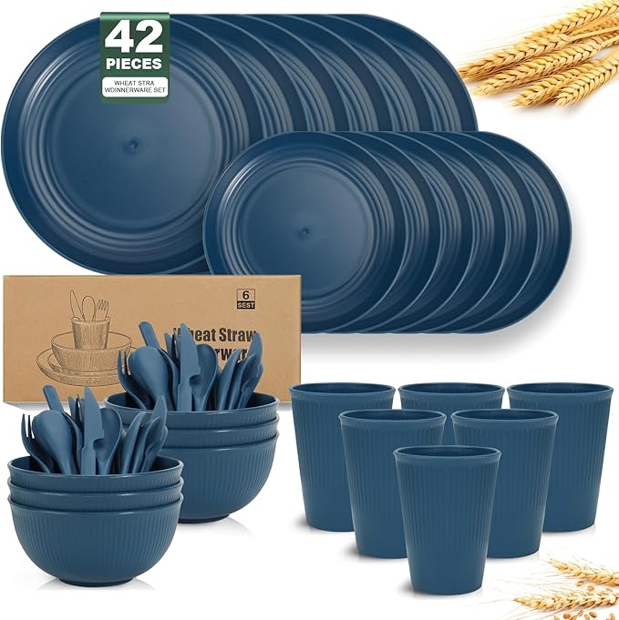 OAMCEG Plates and Bowls Sets Kitchen 42 Pcs, Plastic Wheat Straw Dinnerware Set, Dinner Plate/Dessert Plate/Cereal Bowl/Cup/Flatware Set, Dishwasher Microwave Safe, Outdoor Camping Dishes, Navy
