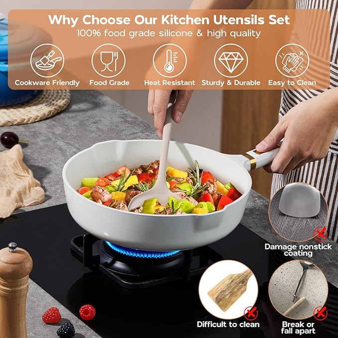 Kitchen Utensils Set, Onader Silicone Non Toxic Cooking Utensils, 6 Pcs Heat Resistant Kitchen Gadgets Set for Nonstick Cookware - Khaki