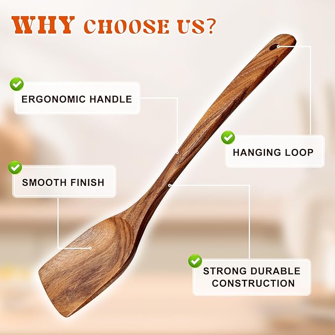 2Pcs Wooden Spatula, Acacia Solid & Slotted Turner Spatula Set, Long Handle Flat Frying Spatulas, Ideal Kitchen Gift for Mother and Grandma, Kitchen Utensils Set for Cooking, Frying, Baking