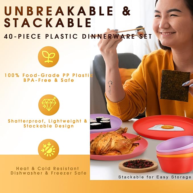 Boho Plastic Dinnerware Sets – 40-Piece Sunset Style Plates and Bowls Sets for 8, Reusable Unbreakable Dishes with Cups, Forks, Knives and Spoons, for Camping, Picnic or Everyday Use