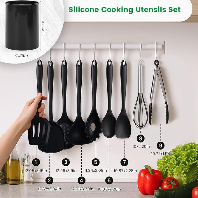 HANSGO Silicone Cooking Utensils Set - 446°F Heat Resistant Kitchen Utensils Set, 10PCS Kitchen Gadgets with Hanging Hole for Nonstick Cookware, Dishwasher Safe, Black