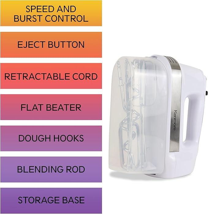 Kenmore Electric Hand Mixer - Kitchen 5 Speed Handheld Blender With Whisk, Beater, Dough Hook, Attachments Storage Case Batidora De Mano, Turbo Boost, Appliance For Cake Mix, Eggs, Whipping Cream
