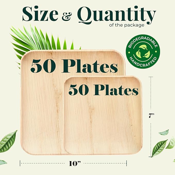 Palm Leaf Plate Bamboo Paper Plates Disposable 10 Inch & 7 Inch Bulk Party Pack Eco Compostable Biodegradable Wooden Plate Best Alternative To Plastic Paper Plates (10&7 100)