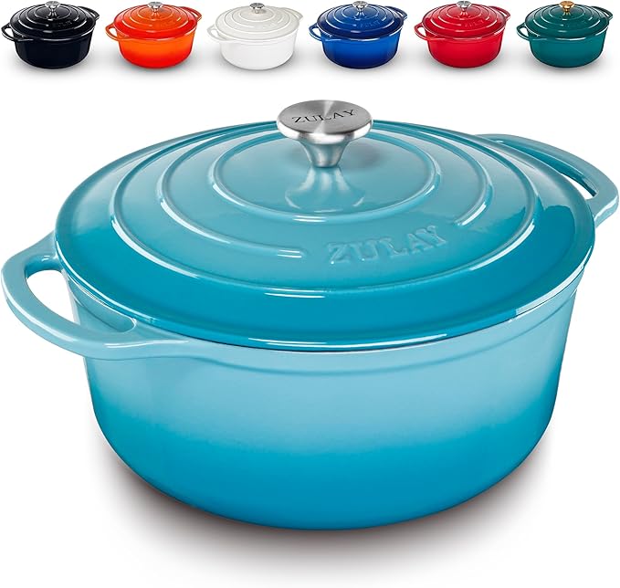 Zulay Kitchen 6 Quart Enameled Cast Iron Dutch Oven with Lid – Premium Durability & Oven Safe up to 500°F – Heavy Duty Cookware Perfect for Bread Baking, Stews, Braising & Roasting – Light Blue