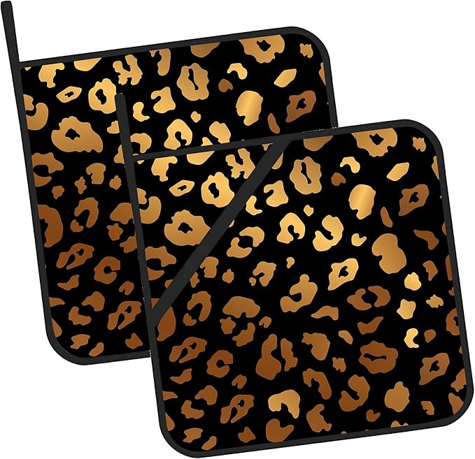 Black Gold Leopard Print Pot Holders Set of 2 Kitchen Heat Resistant Potholders for Microwave Cooking Baking Oven End Dishes and BBQ Gifts for Women