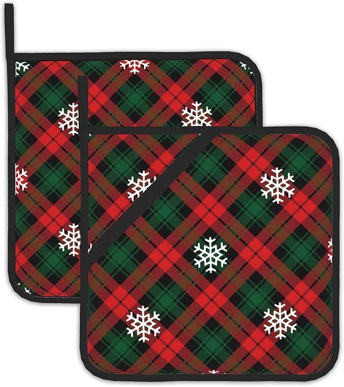 Red Green Plaids Pot Holder Set of 2,Retro Christmas Plaid Kitchen Heat Resistant Potholder for Women Men BBQ Cooking Baking