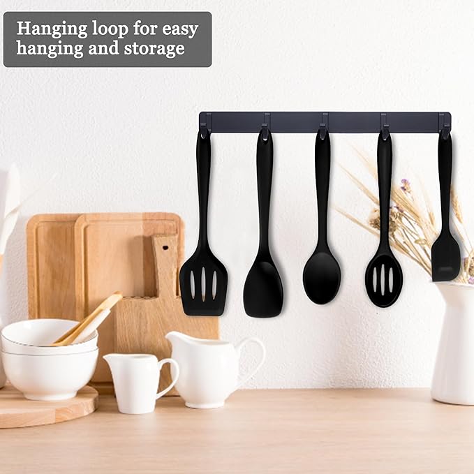 E-far Silicone Cooking Utensils Set, 24Pcs Heat Resistant Kitchen Utensil with Holder, Silicone Kitchen Tools with Spatula Turner Spoon Tongs Whisk, Non-Toxic & Dishwasher Safe (Black)