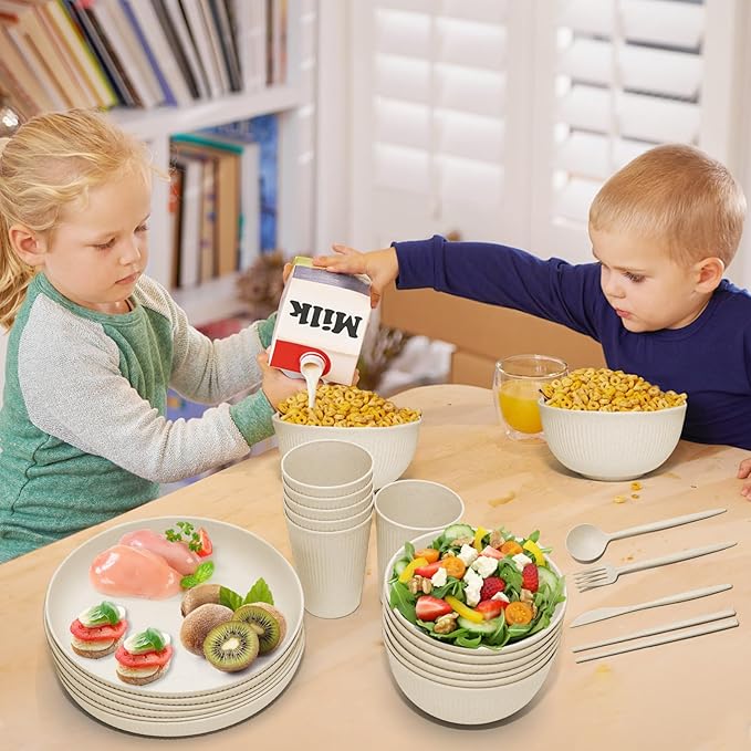 Wheat Straw Dinnerware Sets -DAPIPIK 42 Piece Unbreakable Dinnerware Sets for 6, Kitchen Plates and Bowls Set, Lightweight Camping Plates Cups and Bowls Set.Dishwasher Microwave Safe Dinnerware