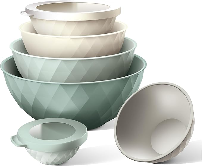 COOK WITH COLOR Mixing Bowls with Lids - 12 Piece Plastic Nesting Bowls Set includes 6 Prep Bowls and 6 Lids, Diamond Design - Microwave Safe (Mint)