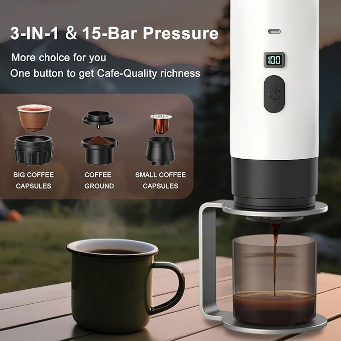 Portable Espresso Coffee Maker for Travel, Mini Camping Espresso Machine, Car Self-Heating Coffee Makers with USB-C, Compatible with Ground Coffee & NS Capsules for RV/Office/Hiking