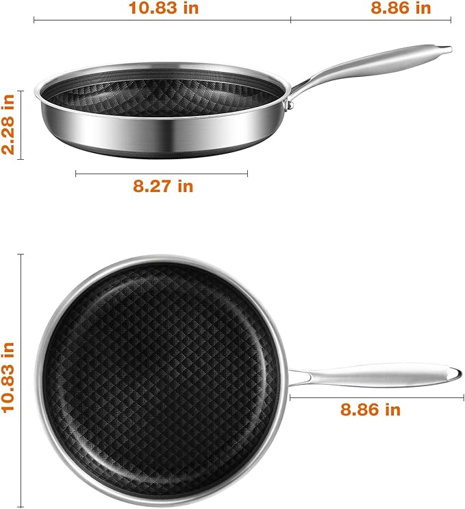 10-Inch Non Stick Frying Pans, NonStick Stainless Steel Pan Set, Tri-Ply Skillets and Pan Set with Lid, Induction Cooker Compatible, Cool-Touch Handle, Dishwasher and Oven Safe