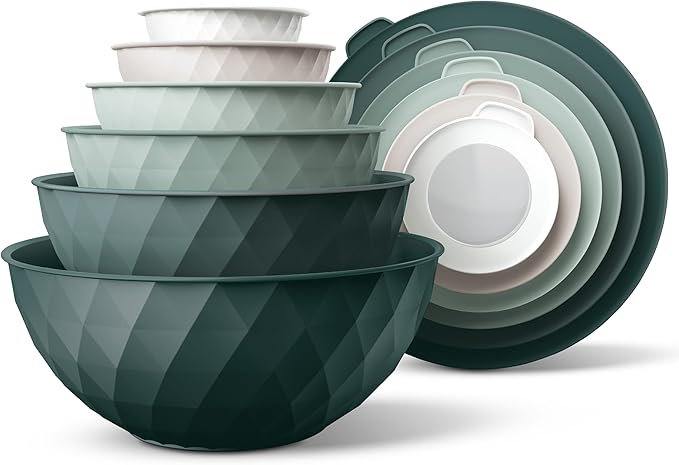 COOK WITH COLOR Mixing Bowls with Lids - 12 Piece Plastic Nesting Bowls Set includes 6 Prep Bowls and 6 Lids, Diamond Design - Microwave Safe (Mint)