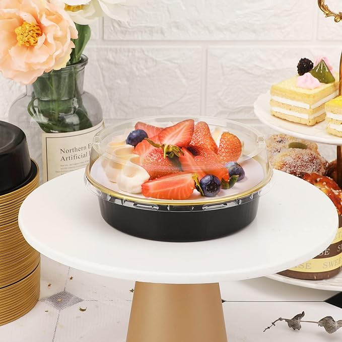 Beasea Aluminum Cupcake Pans With Lids, 4 Inch 100 Pack Disposable Pie Pans For Cake, 8 Oz Aluminum Pie Pan Tin Black Golden Tart Pans Round Oven Baking Mini Cake Pan For Pie Tart Quiche