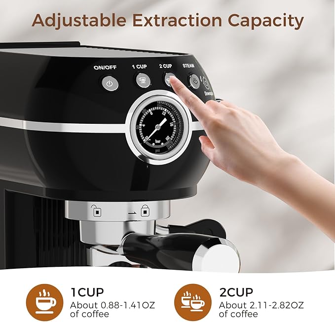 Expressions 20 Bar Espresso Machine with Milk Frother, Coffee Maker for Latte and Cappuccino, Removable Water Tank (Glossy drak)