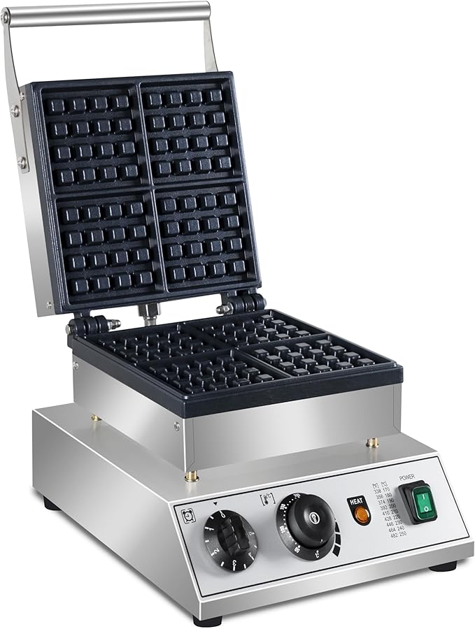 Commercial Waffle Maker, 1600W square Waffle Iron, Non-Stick Belgian Waffle Baker Machine With Temp Range and Time Control, Teflon-Coated Baking Pan Stainless Steel Body