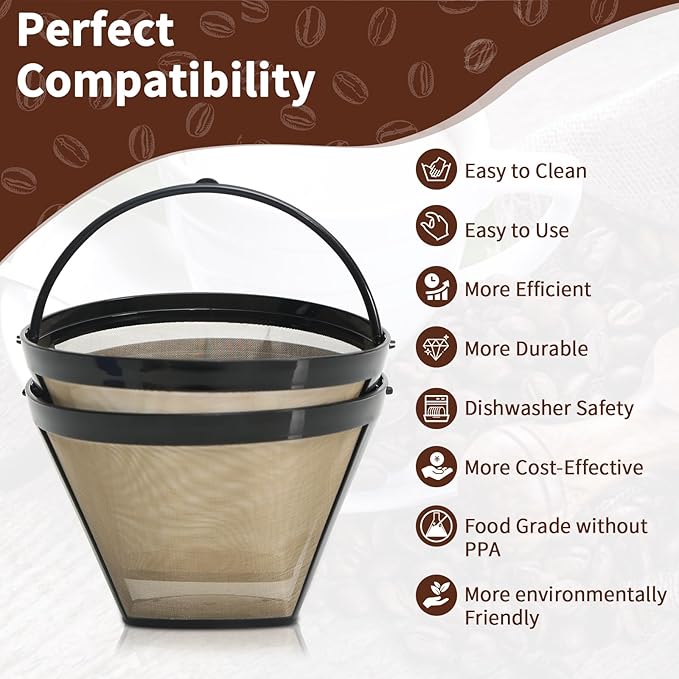 2pcs Reusable Cone Coffee Filters for Cuisinart Coffee Makers+ 4 Silicone Coasters,Compatible Ninja coffee filter, 10-12 Cup, #4 Style Gold coffee filter basket