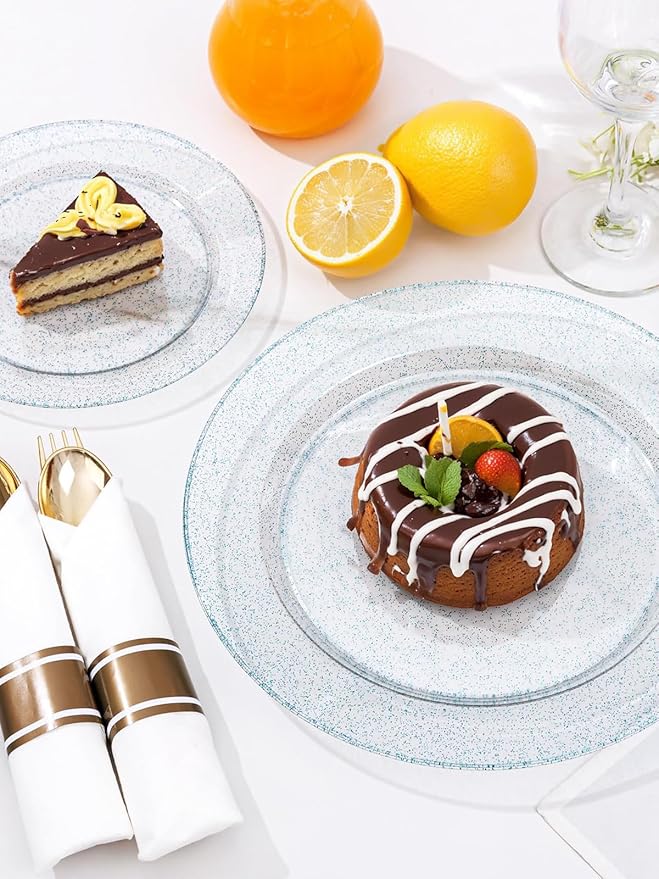 WDF 200PCS Blue Plastic Plates - Blue Glitter Plastic Plates - Heavy Duty Disposable Plates - Include 100 Dinner Plates 10" and 100 Dessert Plates 7" for Parties/Wedding/Graduation