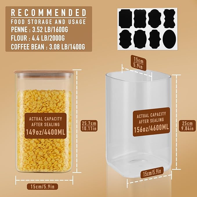 156oz Airtight Glass Square Storage Canister with Bamboo Lid Set of 2(4600ml*2) Large Gallon Glass Jars for Sugar, Flour, Cookies and Coffee beans (with Black Lable)