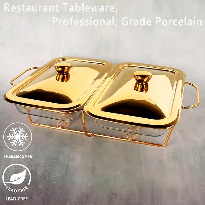 Casserole Dish Rectangle 2-in-1 Glass Baking Dish, with Stainless steel Lid and Gold rack, 1.3 Qt x 2 pcs Baking Pan For Casserole & Lasagna, Dishwasher Oven Freezer Microwave Safe