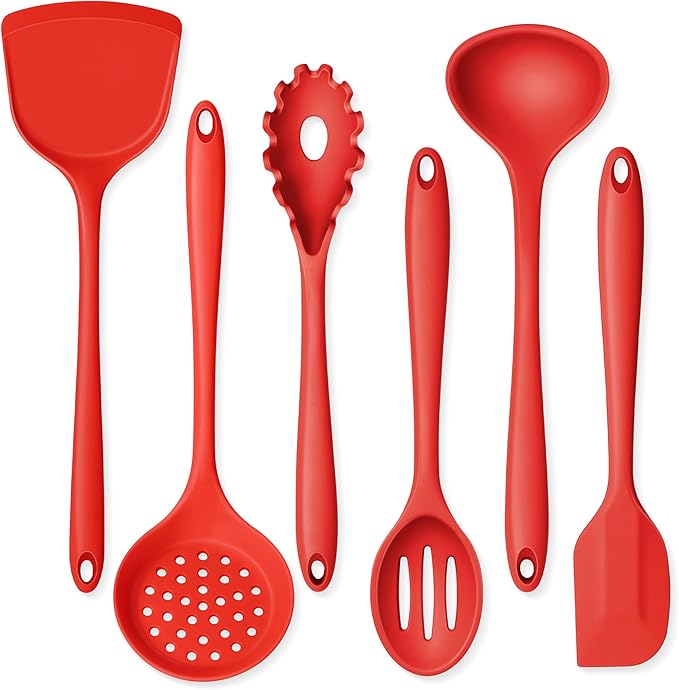 Silicone Cooking Utensils Set, Onader Red Kitchen Utensils 6 Pcs Set, Heat Resistant Kitchen Tool Kit, Nonstick Cookware Friendly & Non Toxic