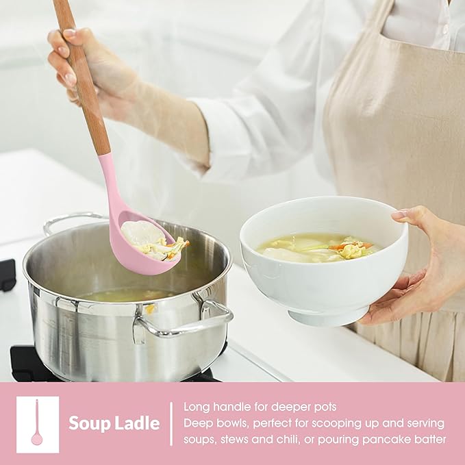 E-far Cooking Utensils Set of 6, Silicone Kitchen Utensils with Wooden Handle, Non-stick Cookware Friendly & Heat Resistant, Includes Spatula/Ladle/Slotted Turner/Serving Spoon/Spaghetti Server(Pink)